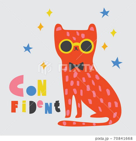 card with cat. confident emotion. illustration for child with cat. tiger. cat with sunglasses. simple design. animal backgrounds. 70841668