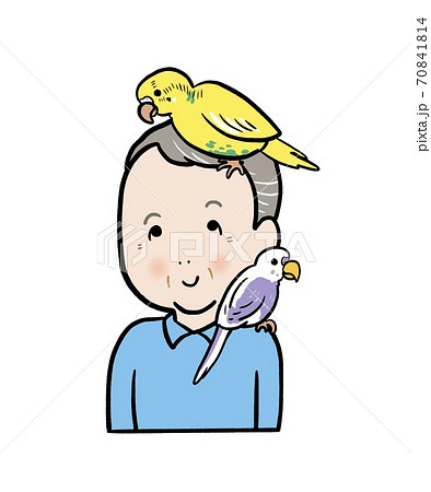 インコを頭と肩に乗せるシニア男性のイラスト素材
