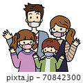 マスクをつけて手を振る4人家族(おしゃれマスク) 70842300