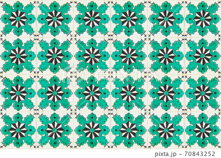 Vintage geometric tiles texture background. Retro old tiles mosaic, seamless turquoise design. 70843252