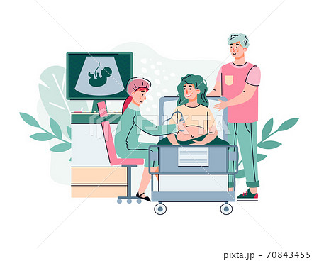 Happy couple visit perinatal center for ultrasound test flat vector illustration. Happy couple visit perinatal center for ultrasound test flat vector illustration. 70843455