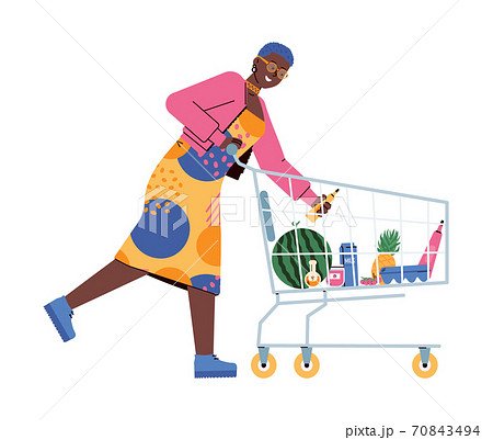 Woman with puts food in a grocery cart in a supermarket a vector illustration 70843494