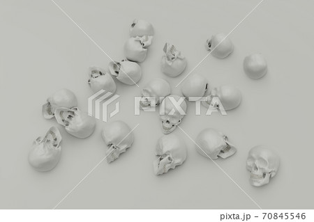many human skulls lie on a white plane, 3d render 70845546
