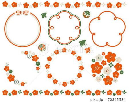 レトロでかわいい和風の花のフレーム 罫線セットのイラスト素材