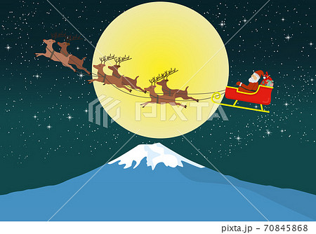 クリスマス 月夜の富士山の上の星空を飛ぶトナカイのソリに乗ったサンタ のイラスト素材 70845868 Pixta