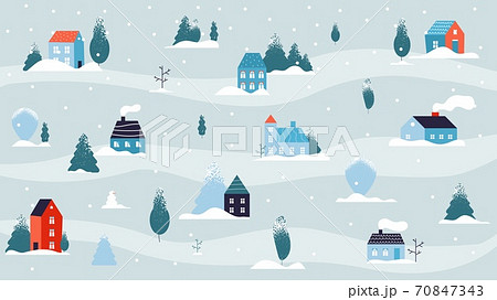 Winter snowy landscape. Christmas house minimal background, country or cute village in forest. Flat street cold weather and snow Winter snowy landscape. Christmas house minimal background, country or cute village in forest. Flat street cold weather and snow 70847343