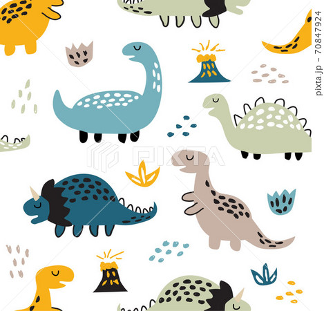 Childish seamless pattern with cute dinosaurs . Creative texture for fabric and textile Childish seamless pattern with cute dinosaurs . Creative texture for fabric and textile 70847924