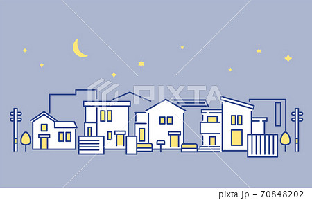 夜間の郊外の住宅街をイメージした街並みのイラスト素材のイラスト素材