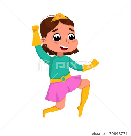 Cute Brunette Girl Playing Superhero Wearing Colorful Costume, Adorable Kid Superhero Character Cartoon Style Vector Illustration 70848771