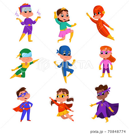 Cute Boys and Girls in Wearing Colorful Superhero Costumes and Masks Set, Adorable Kids Posing in Superhero Poses Cartoon Style Vector Illustration 70848774