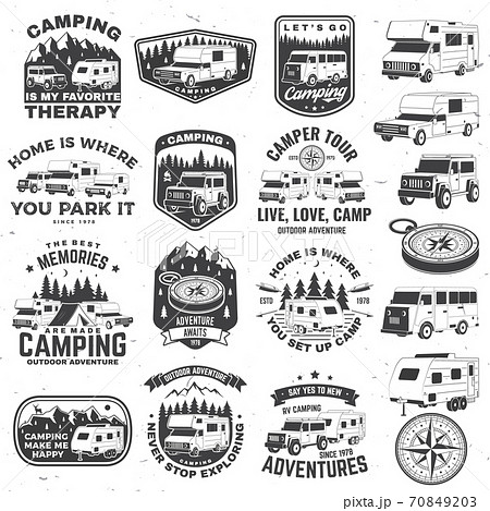 Set of rv camping badges, patches. Vector. Concept for shirt or logo, print, stamp or tee. Vintage typography design with RV Motorhome, camping trailer and off-road car silhouette. Set of rv camping badges, patches. Vector. Concept for shirt or logo, print, stamp or tee. Vintage typography design with RV Motorhome, camping trailer and off-road car silhouette. 70849203