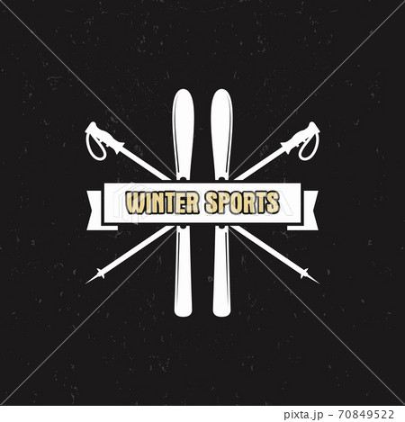 Winter Sports Label with ski equipment and ribbon, text. Vintage extreme adventure badge. Outdoors logo design. Travel hand drawn and hipster insignia. Wilderness insignia isolate on dark. . 70849522
