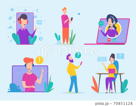 Customer service characters. Virtual support agency hotline business clients helpline vector concept icons 70851128