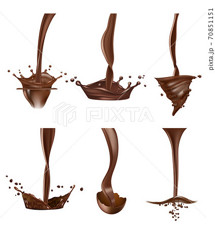 Chocolate splashes. Stream liquid delicious chocolate drops hot sauce vector realistic Chocolate splashes. Stream liquid delicious chocolate drops hot sauce vector realistic 70851151
