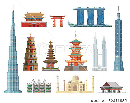 Asian landmarks. Flat color historical city buildings and constructions, cultural tourist excursions places. Hong Kong and China, India and Japan, Thailand and Korea vector icons collection 70851886