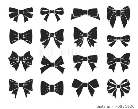 Gift bow icons. Decorative black bows silhouettes, elegant ribbon for birthday present boxes packaging. Xmas fashion wrapping decoration collection holiday vector flat isolated set 70851926