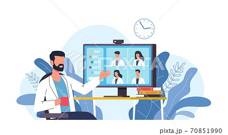 Medical video conference. Online doctors meeting with computer app, web consultation. Internet working webinar with hospital specialist. Telemedicine, medic advice telehealth vector concept 70851990