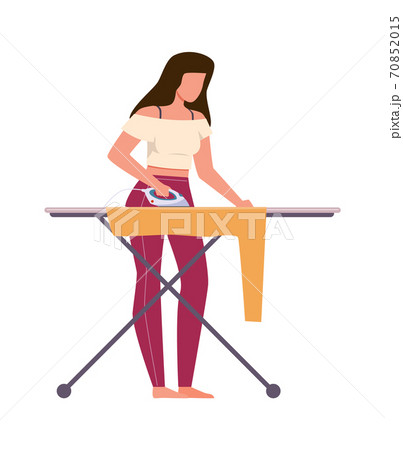 Woman ironing clothes. Female character with electric iron, housework cleaning company service, household activities housekeeping concept flat vector cartoon isolated illustration 70852015