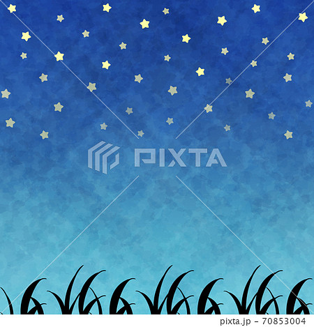 夜の草原の背景 正方形 星空 水彩風のイラスト素材