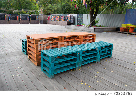 outdoor furniture made of wood and pallets, table and chair bench 70853765