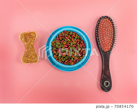 Dry food in bowls with bone and comb for pets on color background. Flat lay concept Dry food in bowls with bone and comb for pets on color background. Flat lay concept 70854170