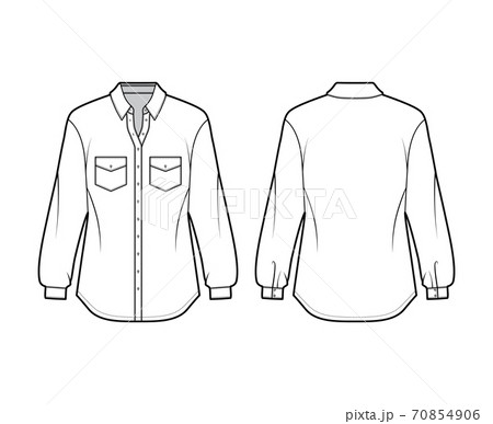Classic shirt technical fashion illustration with angled pockets, long sleeves, relax fit, front button-fastening Classic shirt technical fashion illustration with angled pockets, long sleeves, relax fit, front button-fastening 70854906