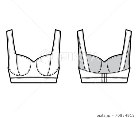Jewel cropped bustier top technical fashion illustration with wide shoulder strap, curved molded cups, close fit. Jewel cropped bustier top technical fashion illustration with wide shoulder strap, curved molded cups, close fit. 70854915