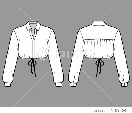 Cropped shirt technical fashion illustration with basic collar, long sleeves, drawstring hem, front button-fastening 70855040