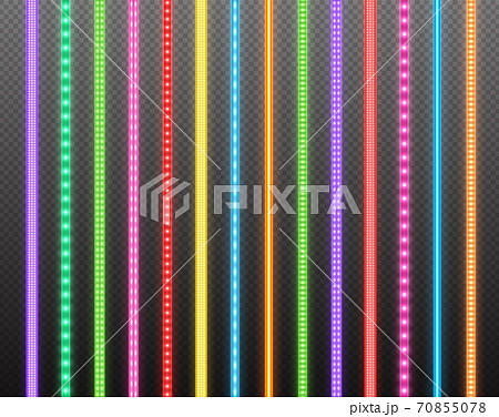 Colorful LED strips collection, bright luminous ribbons isolated on a transparent background. Realistic neon garlands. 70855078