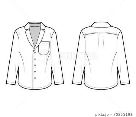 Shirt technical fashion illustration with pointed notch collar, front button fastenings, rounded pocket, long sleeves. Shirt technical fashion illustration with pointed notch collar, front button fastenings, rounded pocket, long sleeves. 70855193
