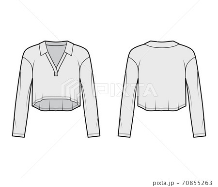 Cropped stretch-cotton top technical fashion illustration with long sleeves, collar outlining the V-neckline. Flat shirt 70855263