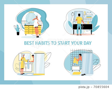 People daily morning hygiene routine in bathroom 70855604