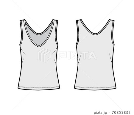 Cotton-jersey tank technical fashion illustration with oversized body, deep V-neckline, elongated hem. Flat apparel  70855832