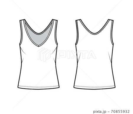 Cotton-jersey tank technical fashion illustration with oversized body, deep V-neckline, elongated hem. Flat apparel  Cotton-jersey tank technical fashion illustration with oversized body, deep V-neckline, elongated hem. Flat apparel  70855932