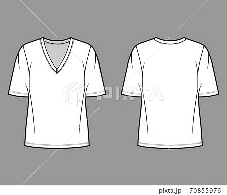 Cotton-jersey t-shirt technical fashion illustration with plunging V-neckline, elbow sleeves, tunic length, oversized 70855976