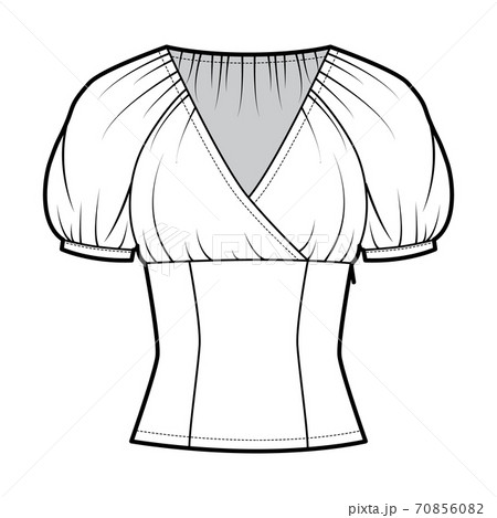 Fitted top technical fashion illustration with surplice neck, elasticated puffed short sleeves, side zip fastening. Fitted top technical fashion illustration with surplice neck, elasticated puffed short sleeves, side zip fastening. 70856082
