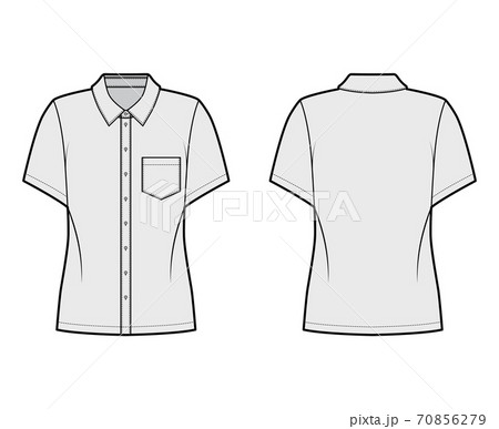 Shirt technical fashion illustration with angled pocket, short sleeves, relax fit, front button-fastening regular collar Shirt technical fashion illustration with angled pocket, short sleeves, relax fit, front button-fastening regular collar 70856279