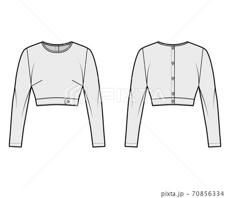 Under bust crop top technical fashion illustration with slim fit, crew neckline, back button fastenings, long sleeves.  70856334