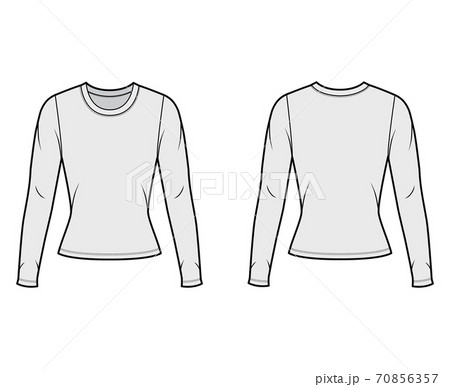 Crew neck jersey sweater technical fashion illustration with long sleeves, close-fitting shape. Crew neck jersey sweater technical fashion illustration with long sleeves, close-fitting shape. 70856357