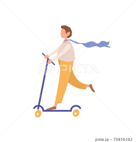 Young faceless man riding kick scooter, cartoon style teenager character pushes off scooter, flat vector illustration isolated on white background 70856382