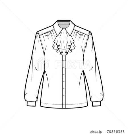 Jabot shirt technical fashion illustration with long sleeves with cuff, ruffle along the classic collar, oversized 70856383