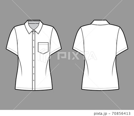 Shirt technical fashion illustration with angled pocket, short sleeves, relax fit, front button-fastening regular collar 70856413