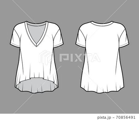 Boyfriend cotton-jersey T-shirt technical fashion illustration with plunging V-neckline, short sleeves, high-low hem Boyfriend cotton-jersey T-shirt technical fashion illustration with plunging V-neckline, short sleeves, high-low hem 70856491