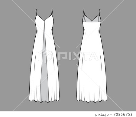 Camisole technical fashion illustration with deep V-neck, front button fastening, maxi ancle length, loose shape. Flat Camisole technical fashion illustration with deep V-neck, front button fastening, maxi ancle length, loose shape. Flat 70856753