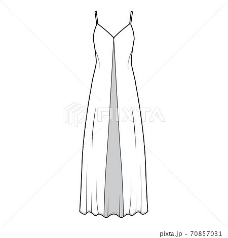 Camisole technical fashion illustration with deep V-neck, front button fastening, maxi ancle length, loose shape. Flat Camisole technical fashion illustration with deep V-neck, front button fastening, maxi ancle length, loose shape. Flat 70857031