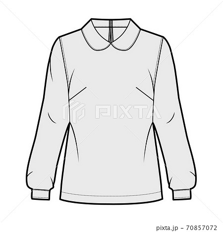 Round collar blouse technical fashion illustration with loose silhouette, long sleeve, back button-fastening keyhole. Round collar blouse technical fashion illustration with loose silhouette, long sleeve, back button-fastening keyhole. 70857072