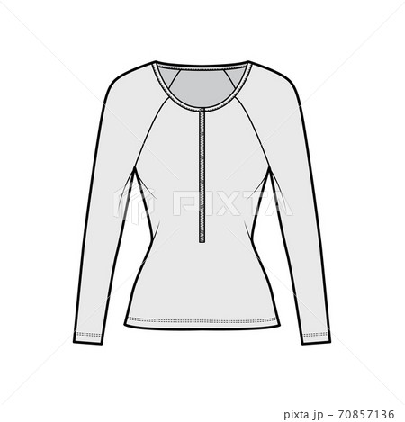 Cotton-jersey top technical fashion illustration with long raglan sleeves, slim fit, scoop henley neckline. Flat apparel Cotton-jersey top technical fashion illustration with long raglan sleeves, slim fit, scoop henley neckline. Flat apparel 70857136