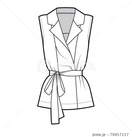 Belted double-breasted wrap shirt technical fashion illustration with relaxed fit pointed notch collar, sleeveless Belted double-breasted wrap shirt technical fashion illustration with relaxed fit pointed notch collar, sleeveless 70857157