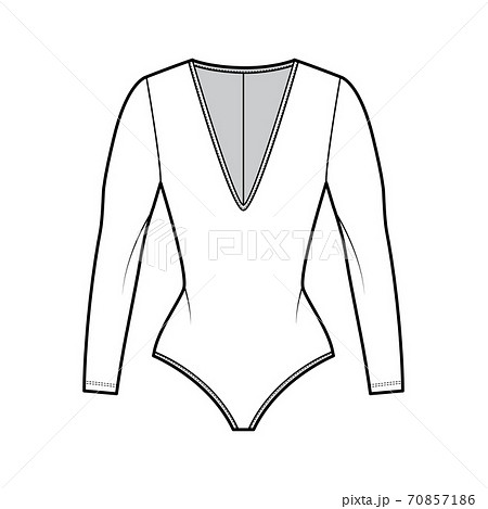 Stretch-jersey bodysuit technical fashion illustration with plunging V-neckline, sculpting fit, long sleeves one-piece Stretch-jersey bodysuit technical fashion illustration with plunging V-neckline, sculpting fit, long sleeves one-piece 70857186
