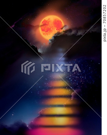 輝く満月と星空へ向かうカラフルな階段 70857202